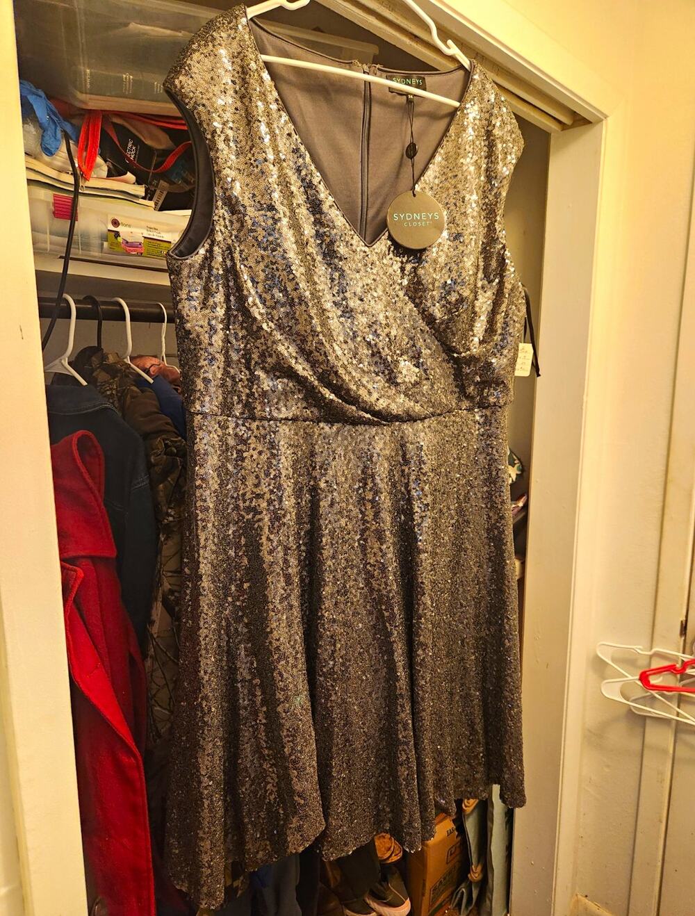 Sydney's Closet Plus Size 24 Silver Sequin Fabric V-Neck Dress